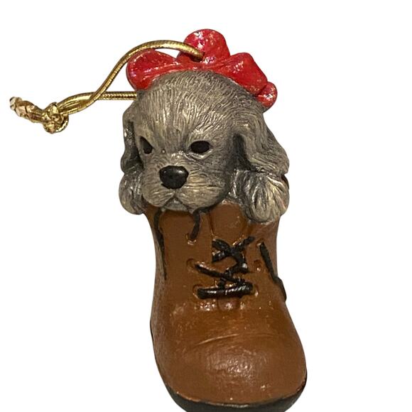 Vintage Puppy Dog with red bow in a shoe Christmas Ornament - Picture 5 of 11